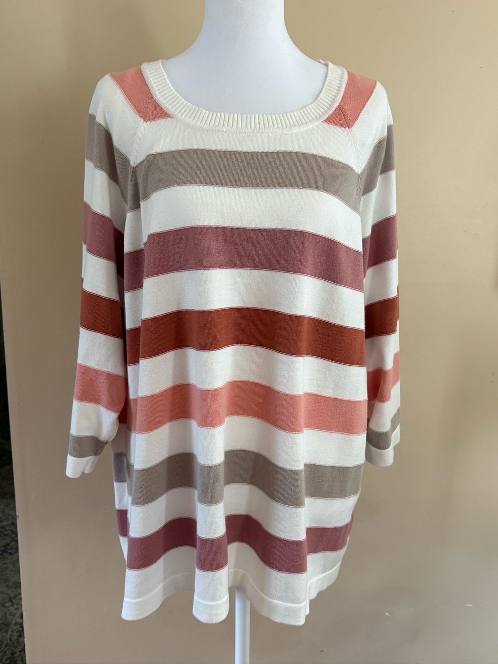 Women's Striped Scoop Neck Sweater in Cream and Pink Tones
